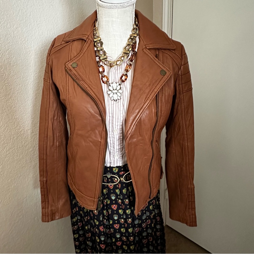 Michael Kors Leather Cognac Moto Jacket Size Small